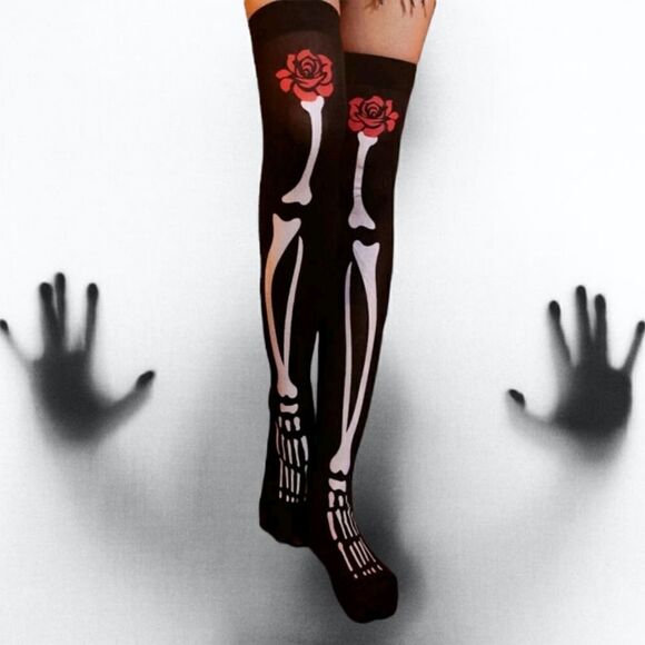 Black Thigh Highs Skeleton Leg & Rose Stockings - Picture 1 of 3